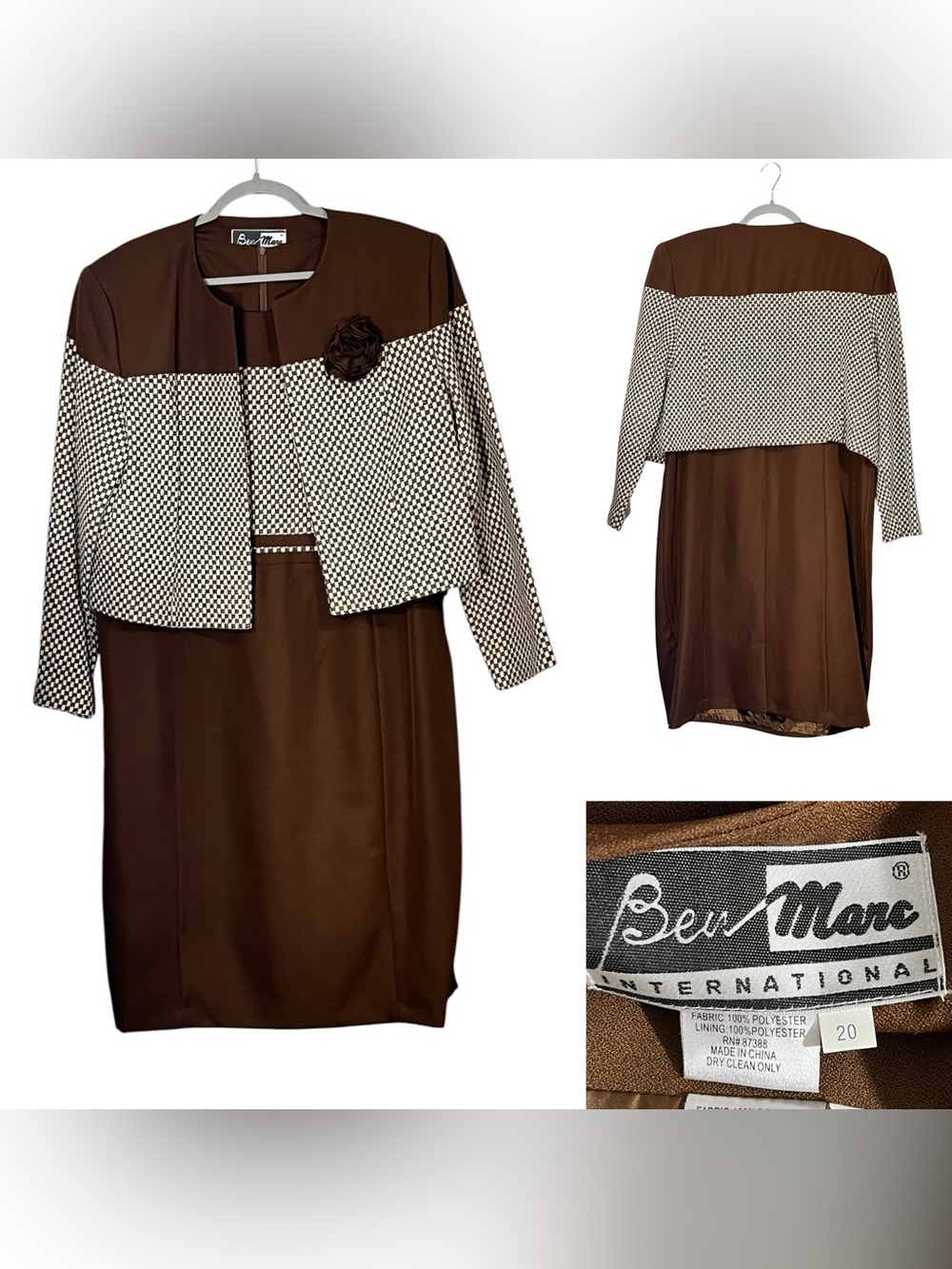 Ben Marc Church Suit Brown Two-Piece Dress set w/ Jacket Sz 20 brown Houndstooth
